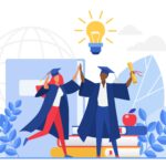 Vector image of two joyful graduates celebrating their graduation in caps and gowns.