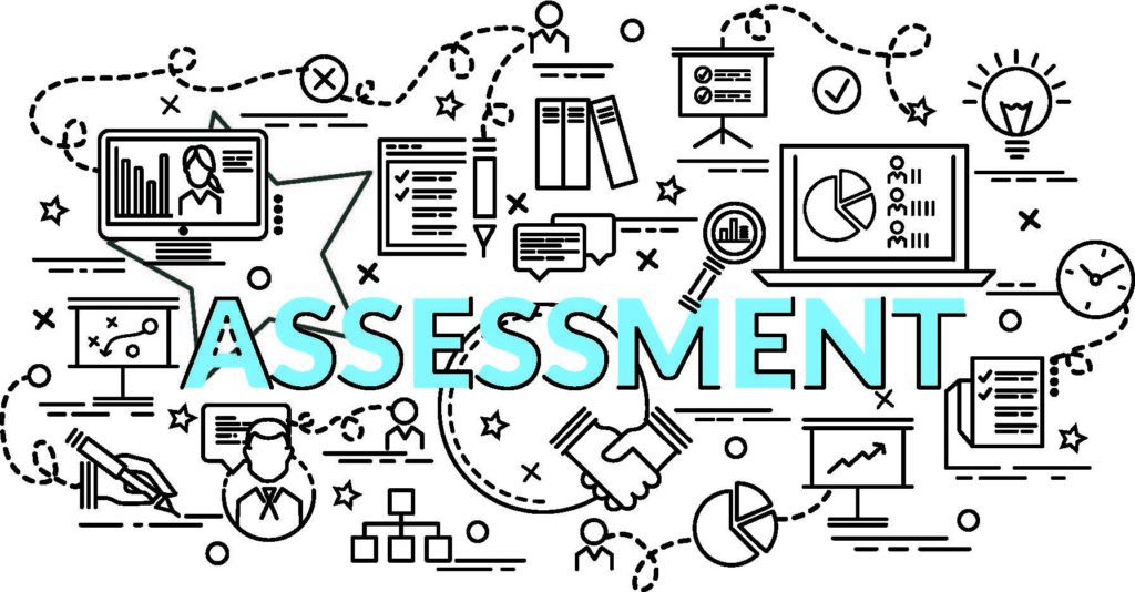 Drawing of the word ‘assessment’ surrounded by icons.