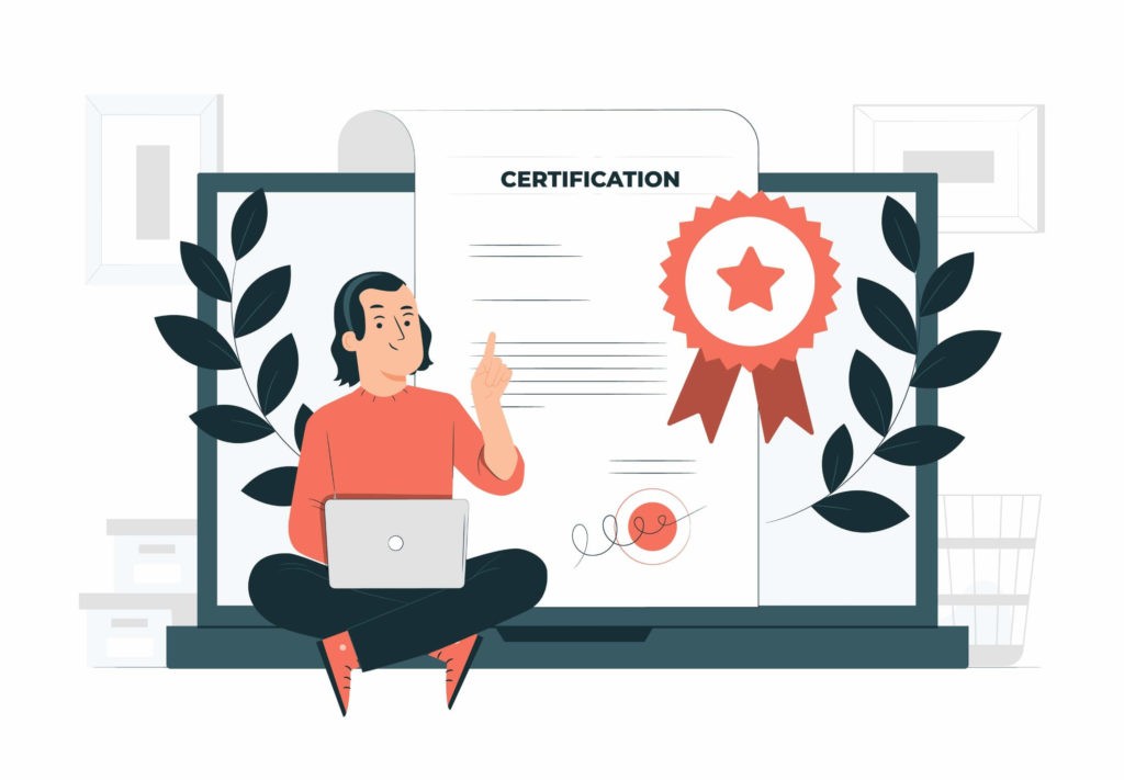 Vector image of a person sitting with a laptop pointing up at the image of a piece of paper behind them that reads “certification.”
