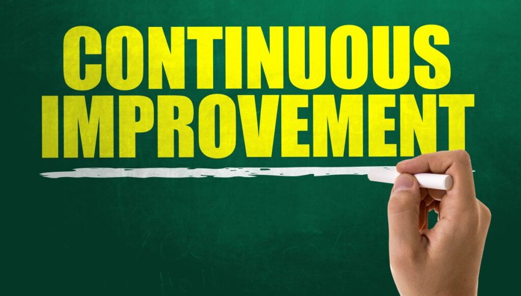 A close-up of a teacher’s hand writing “continuous improvement” on the chalkboard.