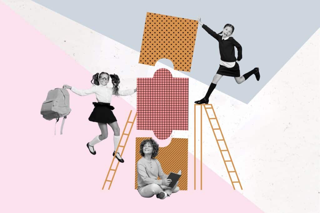 Students climb up ladders that scale up the side of books.